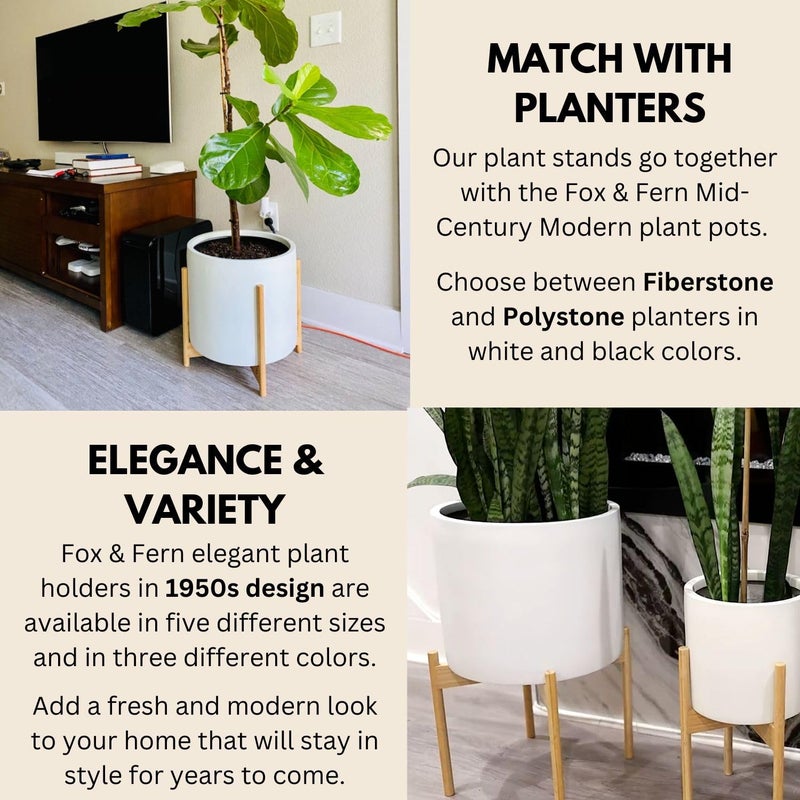 Fox & Fern Bamboo Plant Stand â€” 14.9 Inch Fixed Size Wooden Mid Century Planter Stand for Indoor Plants (Not Included) - Extra Large Flower Pot Holder for Indoor Big Pots - Plug In Design - Bamboo - Image 4